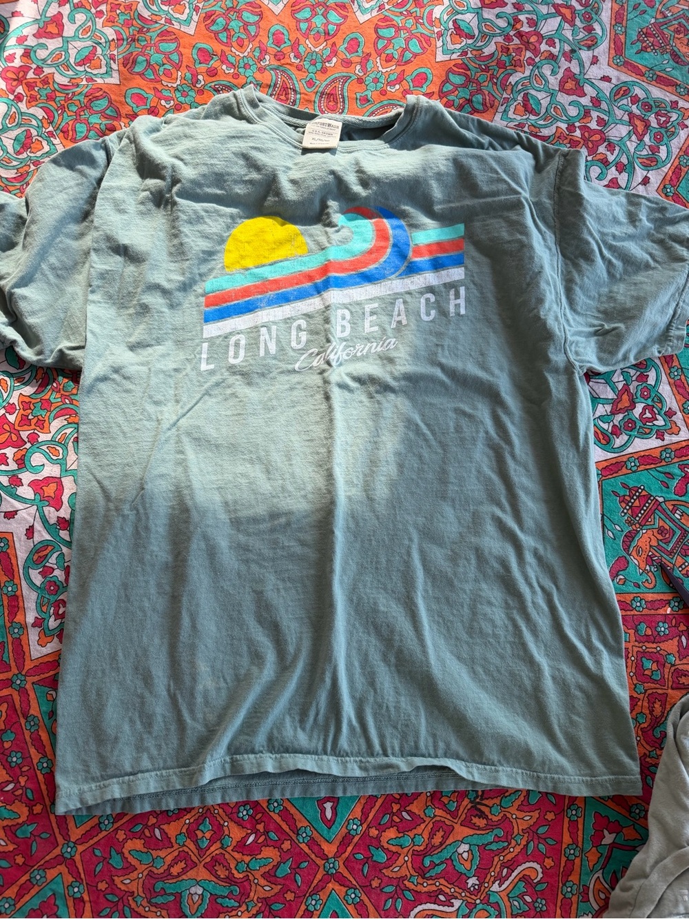 Hanes Long Beach California Graphic Tee - Sage Green with Yellow & Blue Accents